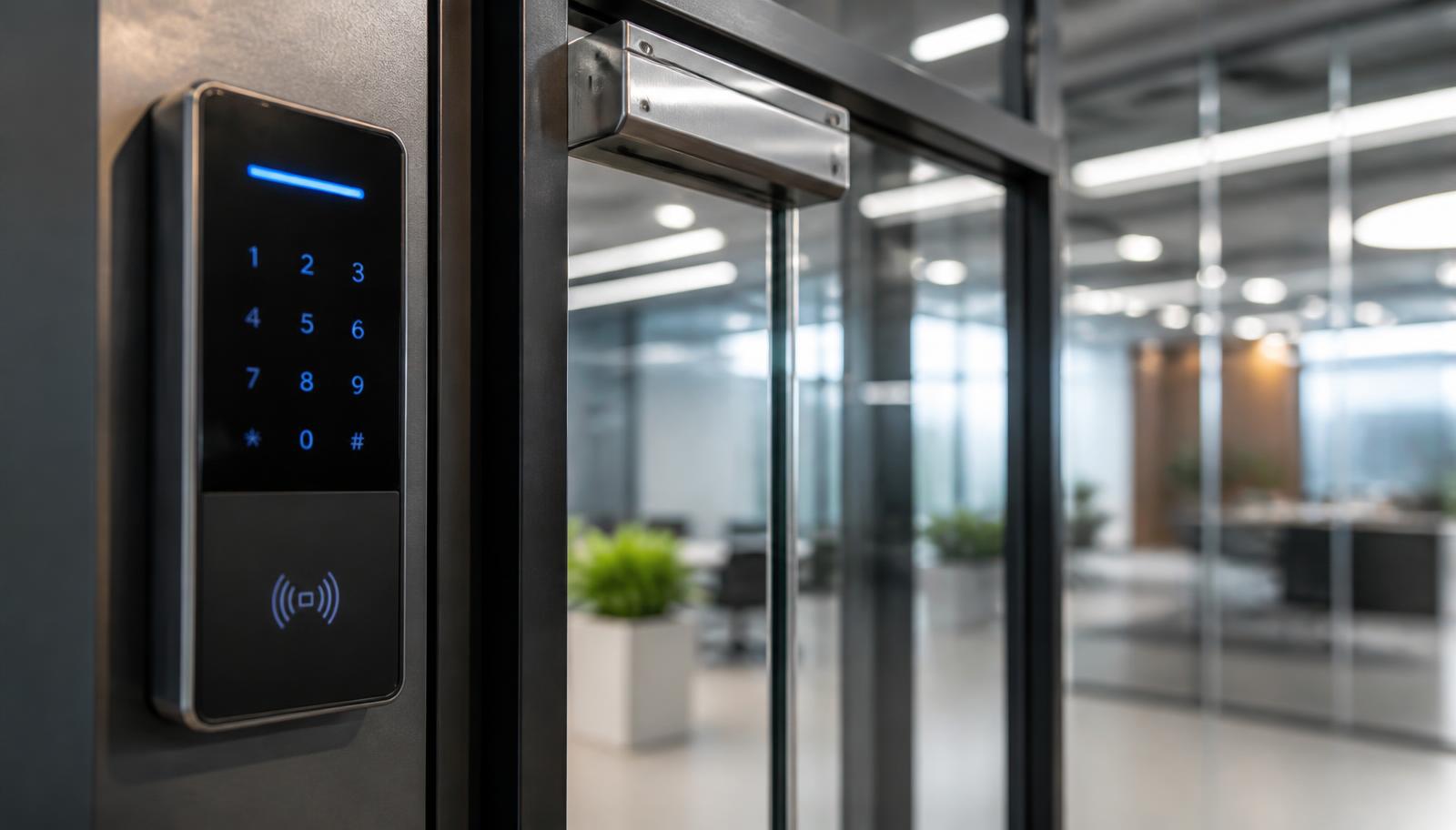 Controle de acesso com teclado e leitor ao lado de porta de vidro