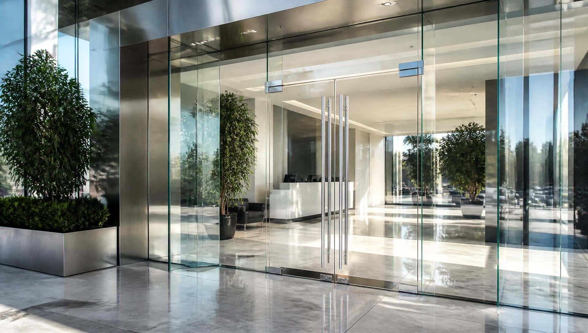 Entrada comercial com portas de vidro temperado, ferragens em inox e mola de piso