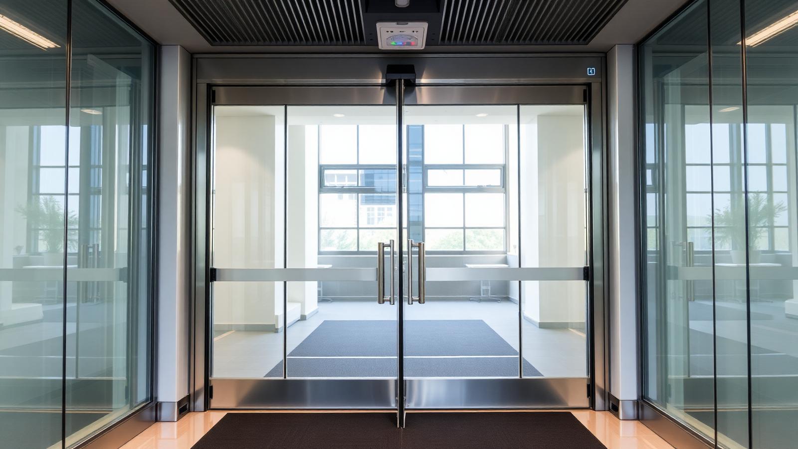 Conjunto de porta de vidro automatizada com sensor de presença sobre o vão de passagem