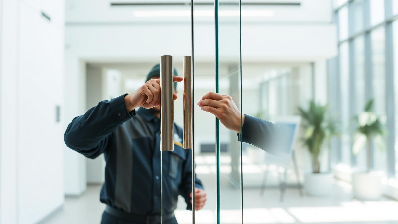 Técnico realizando manutenção em porta de vidro temperado com mola de piso aparente